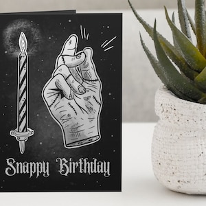 Carte d'anniversaire gothique Spooky Thing famille Addams « Snappy Birthday » Goth sombre horreur noir blanc salutations Art drôle Doom Cat impressions mercredi