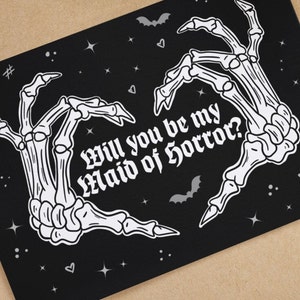 Will You Be My Maid of Horror? Honor Honour Dishonour Dishonor Gothic Bride Invite Greetings Card Goth Wedding Skull Bats Stars Spooky Black