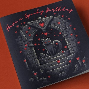 Carte d'anniversaire chat gothique PIXEL ART château gothique chaton chat noir coeurs carte de voeux horreur fantasmagorique Gamer jeux blocs mignon art effrayant sombre