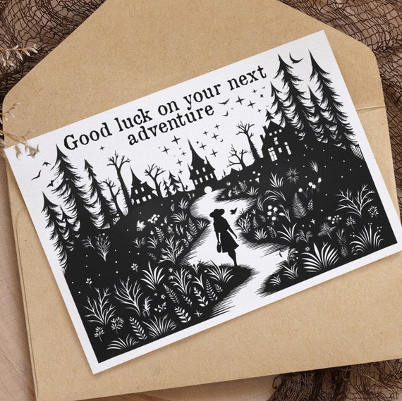 Witchy Gothic New Job Card College School University Moving House Retirement New Home Witch Goth Black White Good Luck Your Next Adventure