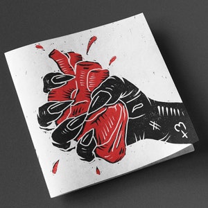 Anatomical Heart Valentines Card Love Anniversary Wedding Card Red Black Digital Linocut Printed Greetings Demon Hand Gothic Goth Dark Art