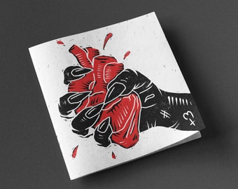 Anatomical Heart Valentines Card Love Anniversary Wedding Card Red Black Digital Linocut Printed Greetings Demon Hand Gothic Goth Dark Art