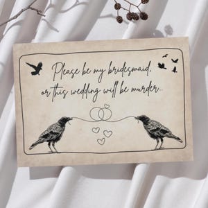 Por favor, sé mi dama de honor o esta boda será un asesinato. Cuervo, cuervo, novia gótica, invitación, tarjeta divertida, boda gótica, espeluznante, personalizado, Halloween, bruja.