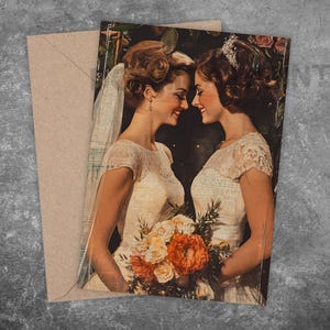 Carte de mariage lesbien fiançailles mariage femmes gaies mariées LGBTQ collage numérique art anniversaire félicitations carte d'art numérique magique