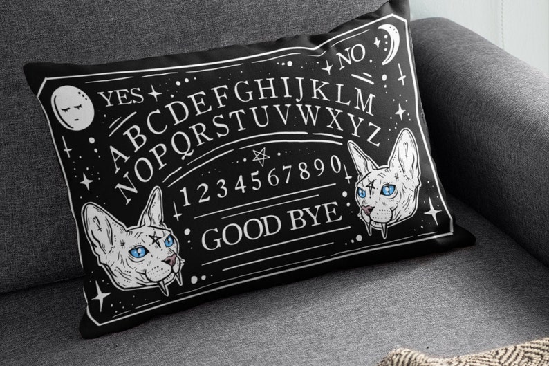 Goth Decor Ouija Spirit Board Gothic Home Decor Throw Pillow Cushion Black Cat Lover Gift Witchy Witch Soft Cosy Kitty Kitten Black Doom Cat image 5