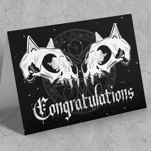 Carte de mariage gothique crânes de chat squelettes anniversaire « Félicitations » effrayant horreur chats gothiques sorcière noir mariage personnalisé fiançailles amour