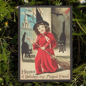 Carte d'anniversaire sorcière « Le plus heureux des anniversaires de mon ami magique » Voeux personnalisés gothiques sorcières gothiques chats noirs Wicca Halloween message vintage
