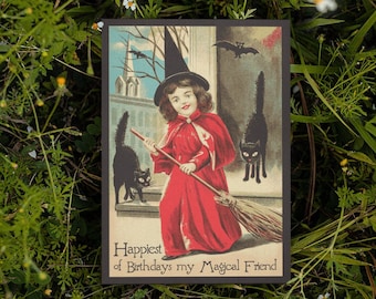 Heks verjaardagskaart "Gelukkigste verjaardag, mijn magische vriend" Goth aangepaste groeten Gothic Witchy Black Cats Wicca vintage Halloween-bericht