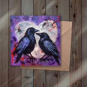 Cartão de aniversário de coração gótico de corvos roxos, cartão de aniversário de casamento pintado de preto, cartão de dia dos namorados, corações de tinta de amor, pintura acrílica de amor de corvo gótico