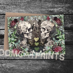 Schädel Hochzeitskarte Jahrestag Geburtstag Skelette Collage Vintage Kunst Goth Gothic Romantisch Herzlichen Glückwunsch Verlobung Till Death Till Roses