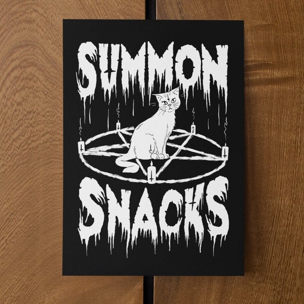 Goth Cat Art Print Pentagram Satanic Gothic Home Decor Wall Art Spooky Illustration « Summon Snacks » Noir Blanc Monochrome Doom Cat Prints