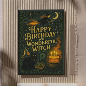 Carte d'anniversaire sorcière « Happy Birthday You Wonderful Witch » voeux Joyeux anniversaire gothique noir personnalisé cristal chat noir magique Booktok art livresque du MDN