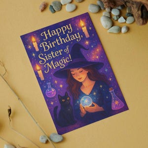 Hexe Geburtstagskarte "Hexe Geburtstagskarte ""Happy Birthday Sister of Magic"" Coven Gruß, Purple Gothic Custom Crystal Black Cat Magic Booktok Bookish DND Art."