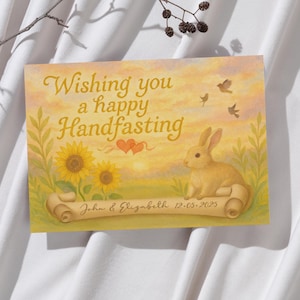 Je vous souhaite un joyeux mariage Noms personnalisés et date Lapin Lapin Tournesols Carte de voeux Coeurs d'été Mariage Félicitations Art païen