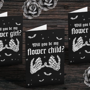 Word jij mijn Flower Girl Boy Child? Gothic Bruid Uitnodigen Wenskaart Goth Bruiloft Schedel Gay Skeleton Zwart Aangepast Bruidsmeisje Non-binair