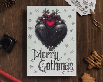 Goth Christmas Card Merry Gothmas Gothic Holiday Greeting Greetings Witchy Custom Personalise Sent to Them Customised Black Heart Art