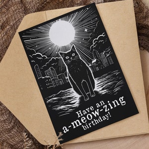 Carte d'anniversaire chat noir « Anniversaire miaou » : chaton gothique personnalisé sorcière vierge, voeux chaton joyeux sorcière gothique