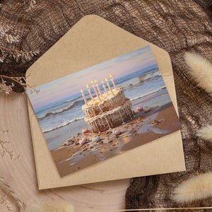 Verjaardagstaart op het strand blanco wenskaart zand kust kaarsen olieverfschilderij oceaan zandkasteel taart op maat gepersonaliseerd