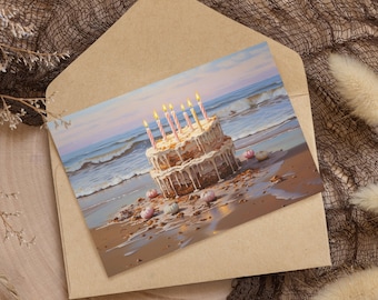 Birthday Cake on the Beach Blank Greetings Card Sand Seaside Candles Oil Painting Ocean Sandy Sand Castle Cake Custom Personalised