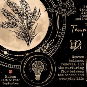 May include: A circular graphic with a full moon, wheat stalks, and a lightbulb design. The text includes "Mabon 21st to 24th September" and "Weaves balance, renewal, and the nurturing flow between the sacred and everyday life."