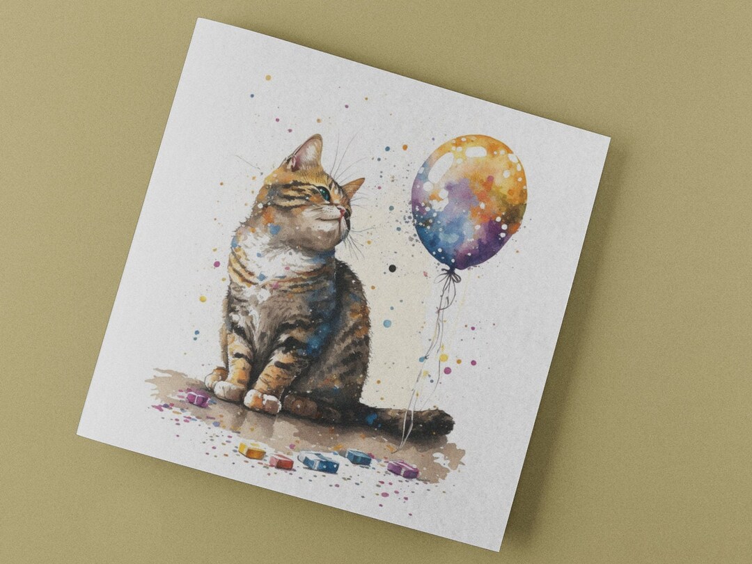 Kitten Birthday Card Watercolour Cute Sweet Balloon Cat Kitty Greetings ...
