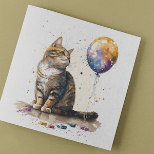 Kätzchen Geburtstagskarte Aquarell niedlich süße Ballon Katze Kitty Grüße Karte Feier Tabby Cat Baby schöne digitale Aquarellkunst