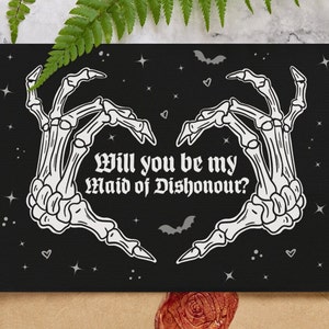 Will You Be My Maid of Dishonour? Honor Honour Dishonor Gothic Bride Invite Greetings Card Goth Wedding Skull Bats Stars Spooky Black