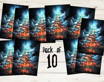 Pack of 10 Gothic Christmas Card Tree in the Rain Goth Xmas Card Spooky Fairy Lights Dark Christmas Tree Happy Holiday Greetings Witchy