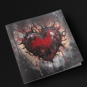 Carte d'anniversaire coeur gothique peinte en noir rouge carte d'anniversaire de mariage Saint-Valentin amour peinture coeurs gothique sombre peinture à l'huile acrylique goutte à goutte