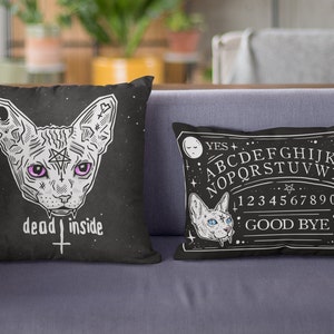 Goth Decor Ouija Spirit Board Gothic Home Decor Throw Pillow Cushion Black Cat Lover Gift Witchy Witch Soft Cosy Kitty Kitten Black Doom Cat image 4