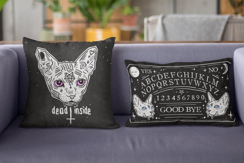 Goth Decor Ouija Spirit Board Gothic Home Decor Throw Pillow Cushion Black Cat Lover Gift Witchy Witch Soft Cosy Kitty Kitten Black Doom Cat image 4