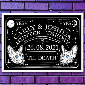 Personalised Wedding Cat Til Death Ouija Board Gift A3 Print Gothic Anniversary Gift, Gay, Lesbian, Bride Groom Custom Wedding Birthday Cats