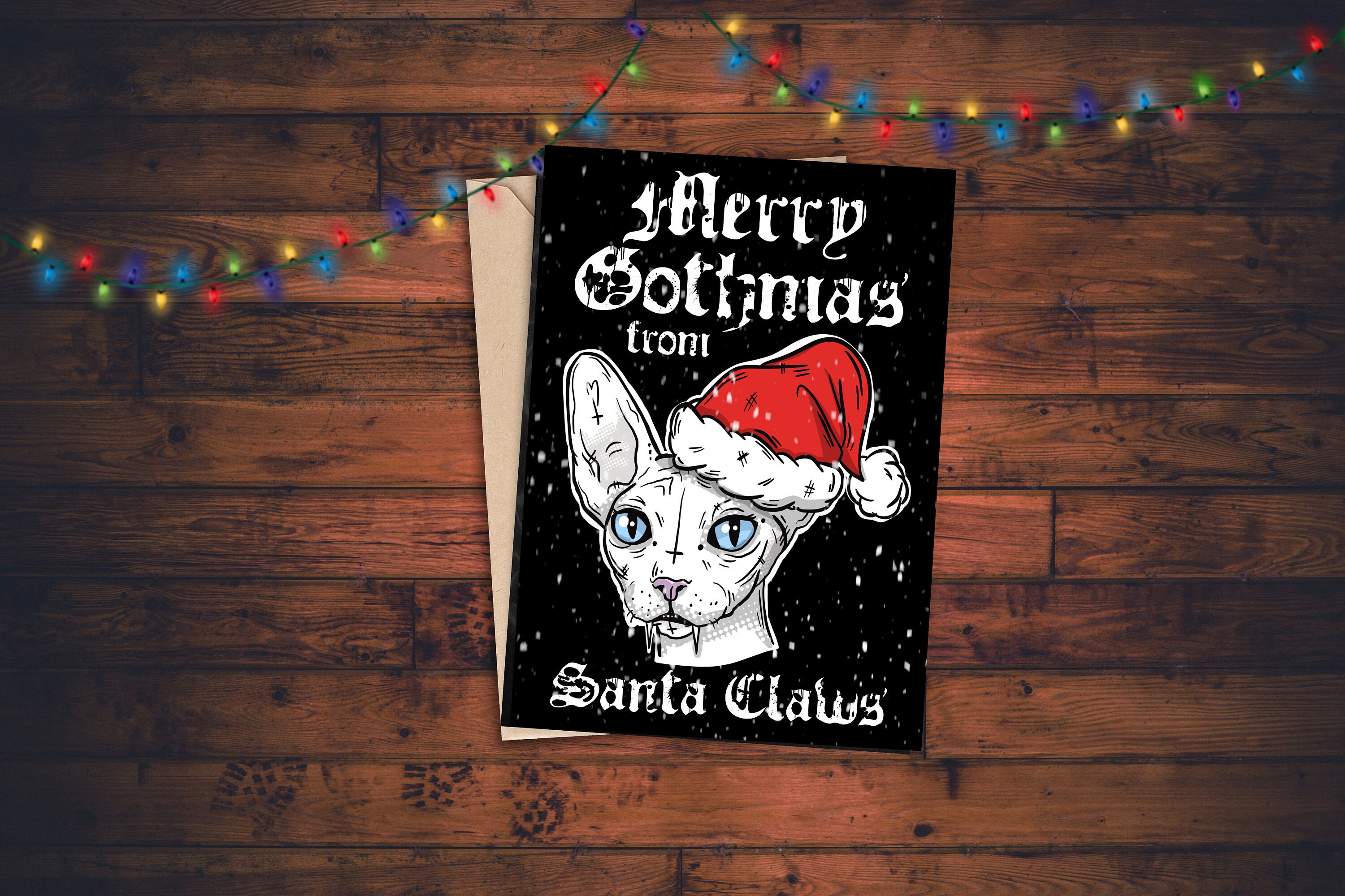 HANDMADE PERSONALISED GOTHIC PAGAN CHRISTMAS CARD A BLACK CAT IN SANTA HAT 