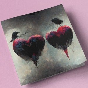 Goth verjaardagskaart bruiloft Valentijnsdag Valentijnsdag liefde zwarte vogels harten gotische veren donker hart kunst schilderij verjaardag gewoon omdat