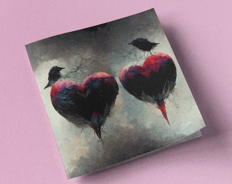 Goth Anniversary Card Wedding Valentine Valentine's Love Black Birds Hearts Gothic Feathers Dark Heart Art Painting Birthday Just Because