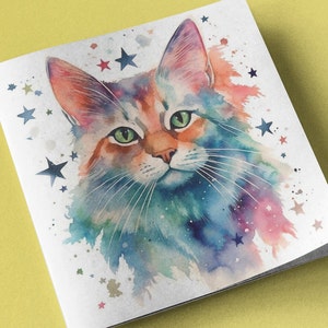 Carte vierge de chat tigré aux cheveux longs aquarelle anniversaire Gothique gothique violet étoiles magique chaton salutations sorcière Halloween Halloween peinture art