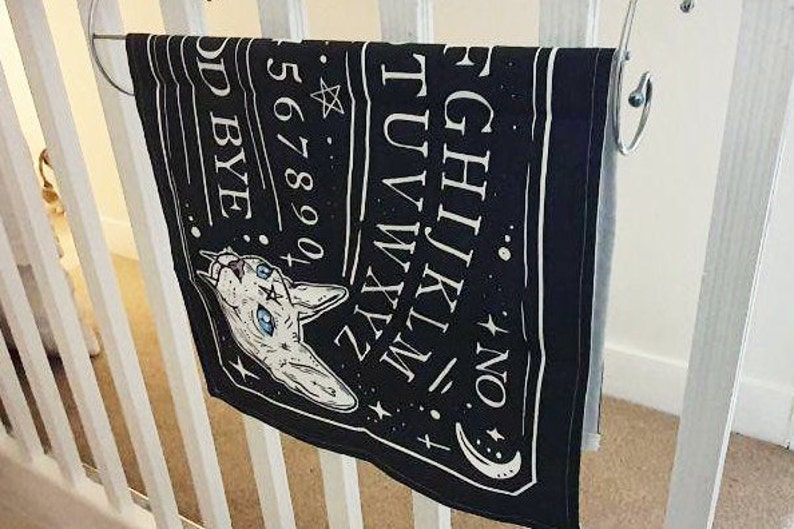 Goth Decor Witchy Ouija Board Spirit Spooky Cat Tea Towel Kitchen Decor Cotton Linen Vegan Black Witch Pagan Occult Satanic Home Kitty image 7