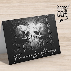 Gothic Hochzeit Jahrestag Karte Skulls Dark Art ""Für immer und immer" Illustration Skully Design Goth Schwarz Weiß Liebe Romantisch Horror Witchy."