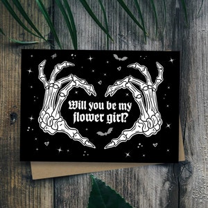 Willst du mein Blumenmädchen sein? Gothic Braut Invite Greetings Card Goth Hochzeit Schädel Gender Neutral Skeleton Black Custom Nonbinary