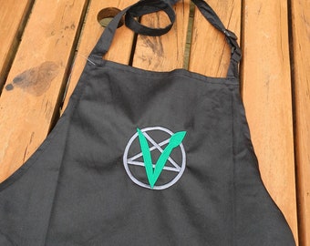 Vegan Goth Apron Kitchen Cooking Veganism Embroidery Embroidered Black White Pentagram Satanist Black Green Satanic Home Housewarming Gift