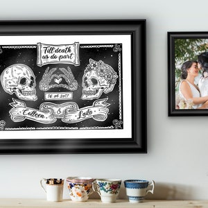 Personalised Wedding Skulls Gift A3 Print Til Death Gothic Anniversary Gift, Gay, Lesbian, Bride Groom Brides Grooms Custom Birthday Art