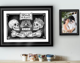 Personalised Wedding Skulls Gift A3 Print Til Death Gothic Anniversary Gift, Gay, Lesbian, Bride Groom Brides Grooms Custom Birthday Art