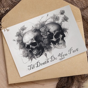 Gotische trouwkaart tot de dood u scheidt Gefeliciteerd Goth huwelijk verloving schedels bloemen Handfasting verjaardag