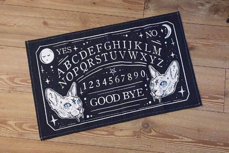 Goth Decor Witchy Ouija Board Spirit Spooky Cat Tea Towel Kitchen Decor Cotton Linen Vegan Black Witch Pagan Occult Satanic Home Kitty image 4