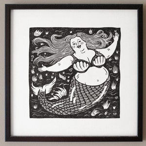 Gothic Mermaid Linocut Print: Black and White Wall Art (12x12 in)