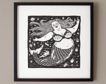 Mermaid Print Digital Linocut Block Printing Gothic Wall Art Decor Black White 30cm / 12 in square Monochrome Househanger Singing Plus Taille