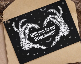 Will You Be My Bridesmaid? Gothic Bride Invite Greetings Card Goth Wedding Skull Bats Stars Spooky Black Custom Insides Halloween Emo Witchy