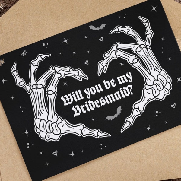 Will You Be My Bridesmaid? Gothic Bride Invite Greetings Card Goth Wedding Skull Bats Stars Spooky Black Custom Insides Halloween Emo Witchy