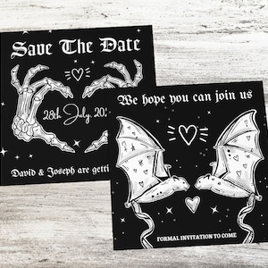 Goth Save The Date Square Bats Postcards Cards Gothic Black Skeleton Witch Witchy Wedding Invite Invitation Emo Rock Metal Skulls Spooky