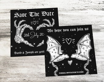 Goth Save The Date Square Bats Postcards Cards Gothic Black Skeleton Witch Witchy Wedding Invite Invitation Emo Rock Metal Skulls Spooky